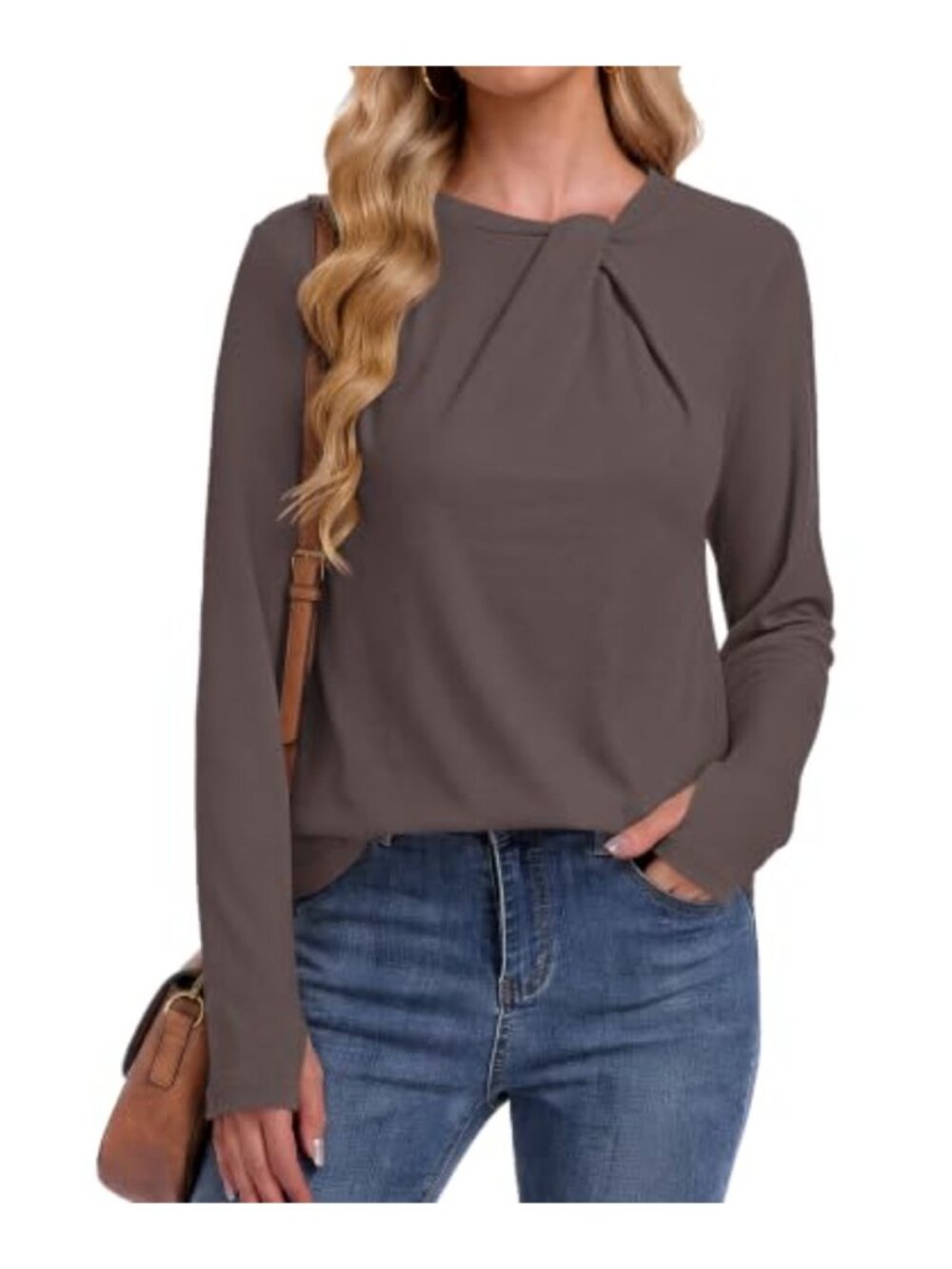 Womens Mock Neck Long Sleeve Top Slim Fit Twist Knot Casual Tee